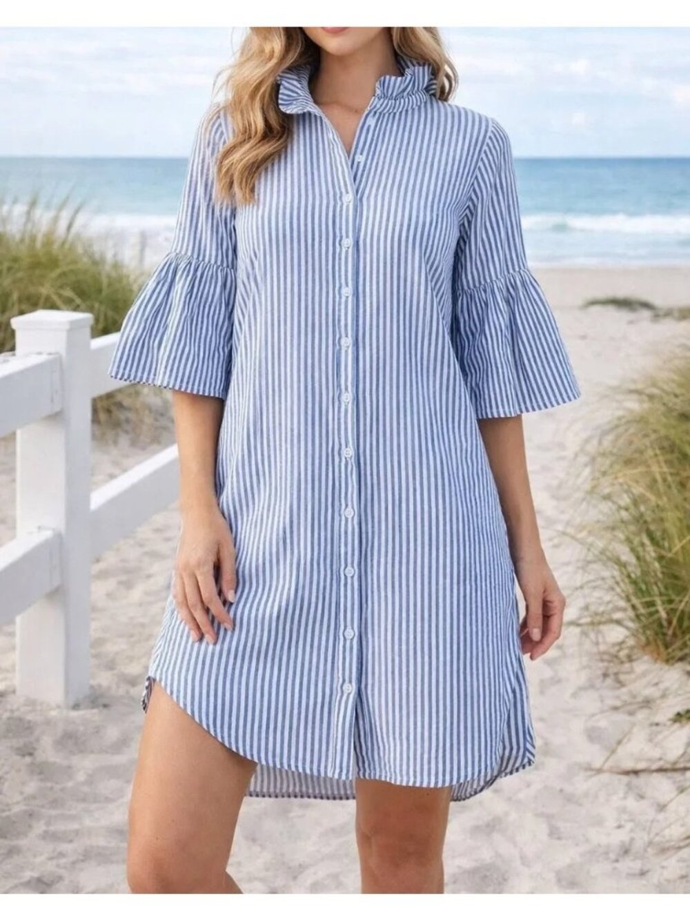 EUC Holly Shae Design Blue Stripe Cottagecore Shirt Dress Preppy Coastal SZ XS